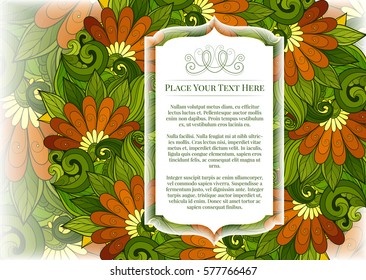 Vector Colored Floral Template with Place for Text. Abstract Flowers with Hand Drawn Ornament. Layout for Greeting Card, Cover Page etc. Clipping Mask Used for Editability