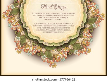 Vector Colored Floral Template with Place for Text. Abstract Flowers with Hand Drawn Ornament. Layout for Greeting Card, Cover Page etc. Clipping Mask Used for Editability