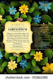 Vector Colored Floral Template with Place for Text. Dark Vintage Layout for Greeting Card, Invitation, Cover Page etc. Beautiful Floral Composition. Editable