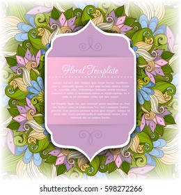 Vector Colored Floral Template with Place for Text. Light Vintage Layout for Greeting Card, Invitation, Cover Page etc. Beautiful Floral Composition. Editable