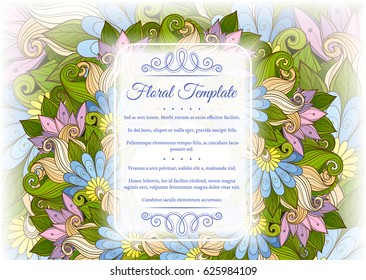 Vector Colored Floral Template with Place for Text. Light Vintage Layout for Greeting Card, Invitation, Cover Page etc. Beautiful Floral Composition. Editable