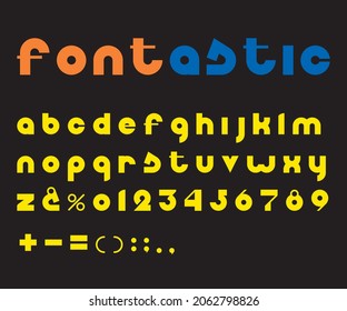Vector colored font. Alphabet on a black background. Letters, numbers and punctuation marks. 