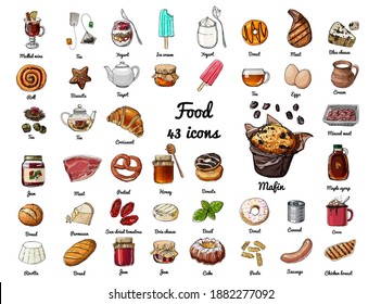 Vektorfarbige Lebensmittelsymbole Süßigkeiten, Gebäck, Getränke, Kaffee, Tee, Muffins, Glühwein