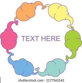 Vector colored frame of elephants that follow one another in a circle, top view.