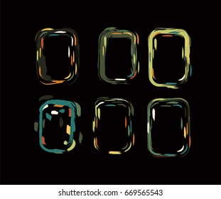 Vector colored funky borders in the retro-futuristic style of the 60s. Iridescent hand painted square vertical frames and borders set. Fluorescent shiny design in green, grey, brown or orange, ocher.