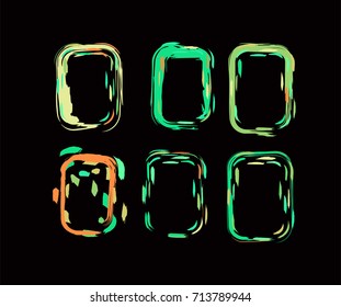 Vector colored funky borders in the retro-futuristic style of the 60s. Iridescent hand painted square vertical frames and borders set. Fluorescent shiny design in green, grey, brown or orange, ocher.