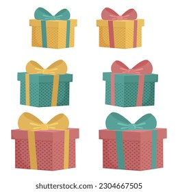 Vector colored gift boxes set with ribbon. Yellow, green and pink colour