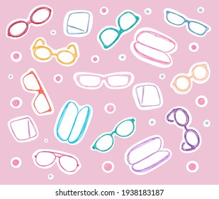 Vector colored glasses hand-drawn in chaotic lines on a pink background. For stickers, stories, blog, design.