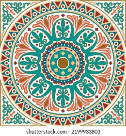 Vector Colored Green Square Classical Ornament Of Ancient Greece And Roman Empire. Tile, Arabesque, Byzantine Pattern.
