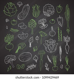 Vector colored hand drawn doodle vegetables icons set on black chalkboard illustration. Healthy food products. Vegan elements.