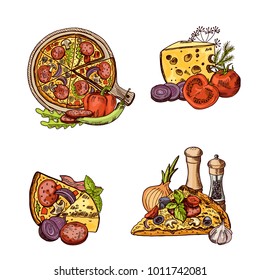 Vector colored hand drawn italian pizza, vegetables and cheese piles set. Pizza with cheese, italian food with tomato and mushroom illustration