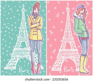 Vector colored hand drawn sketch style fashion illustrations, gift cards, greetings cards. Girls in winter season clothes standing and posing with Eiffel Tower on background