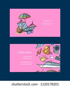 Vector colored hand drawn summer travel elements business card template for travelling agency illustration