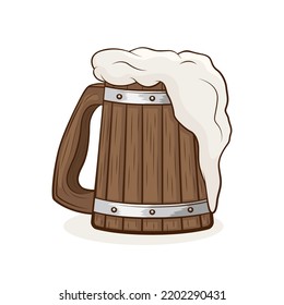 Vector Colored Hand Drawn Wooden Beer Mug With Outline. Beer Drink With A Lot Of Foam. Vintage Brown Beer Mug