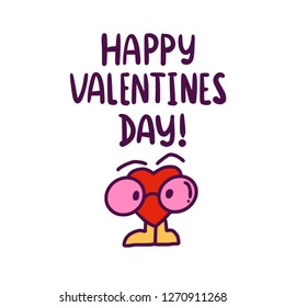 Vector colored hand-drawn doodle Heart character with glasses, cute cartoon Love symbol for Valentine's day Holiday design. Vector illustration. Hand writing Happy Valentines day