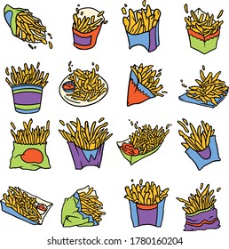 Vector colored hand-drown line art of fries. May use as pattern or background.