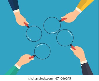 Vector colored hands holding a magnifying glass. Concept of analyzing,searching and detecting. -stock vector