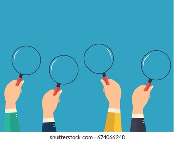 Vector colored hands holding a magnifying glass. Concept of analyzing,searching and detecting. -stock vector