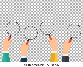 Vector colored hands holding a magnifying glass on transparent background. Concept of analyzing,searching and detecting. -stock vector