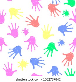 Vector Colored Hands Seamless Pattern on White Background. Parts of Human Body Texture