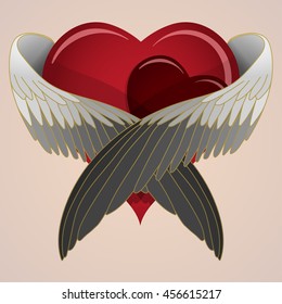 Vector colored heart with wings lovingly hugging heart