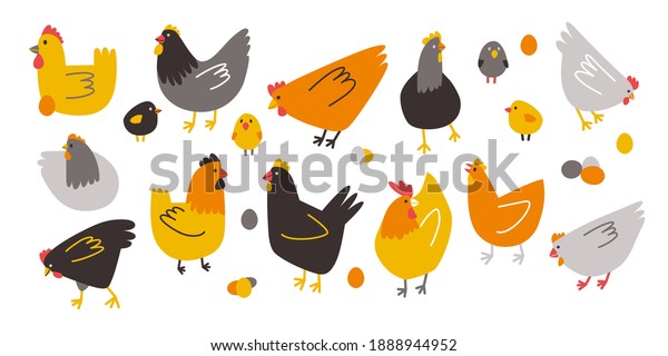Vector colored hens, chickens and hen eggs. Doodle\
illustration isolated on white background. Set of birds for Easter,\
decor, invitation,\
cards