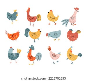 Vector colored hens, chickens, roosters. Doodle illustration isolated on white background. Set of birds. Easter chicken collection. 