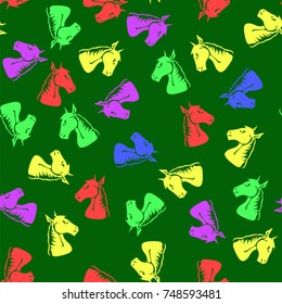 Vector Colored Horse Head Seamless Pattern on Green Background
