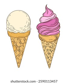 Vector colored ice cream in a cone. Two colored ice creams with a scoop and cream in a cone. Dessert cold ice cream with vanilla and strawberry flavor. Design and decoration of packaging, menu, cafe.