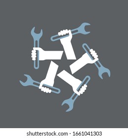 Vector colored icon, five hands holding wrenches. Service symbol. Isolated on white background.