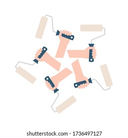 Vector colored icon. Hands in a circle creating a star. Holding paint roller. Isolated on white background.