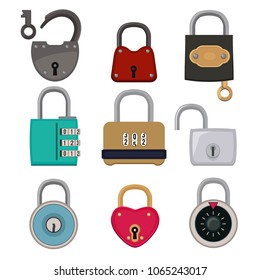 Vector colored icon set of padlocks. Illustration collection of lock for safe, safety abd protection with password