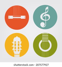 Vector colored icons of classical acoustic guitar elements and clef on white background