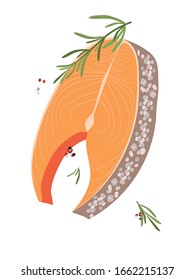 Vektorillustration-farbige Symbole von rohem frischem Fleisch von rotem Lachsfisch mit Gewürzen, Kräuter-Zweigen, Rosmarinblättern und Pfefferkörnern.
