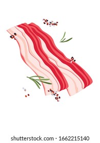 Íconos vectoriales de carne fresca de granja cruda de tocino cortado con especias, ramas de hierbas, hojas de romero y pimientos.