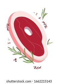 Vector  colored icons of raw fresh farm meat of beef steak with spices, herbs twigs, rosemary leaves and peppercorns.