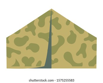 Vector, colored illustration of camouflage tent on white background.
Front view, flat style. Motives of tourism, journey, army, objects for travels