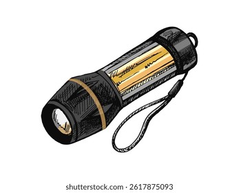 Vector colored illustration of a camping flashlight with a strap. Hand drawn in vintage sketch style with ink lines. Isolated clipart for outdoor, hiking and survival themes.