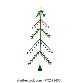 Vector colored illustration of christmas tree or any spruce in doodle style. It may be fir tree and pine tree. Outline and simple. Drawn by pen and then carefully digitized