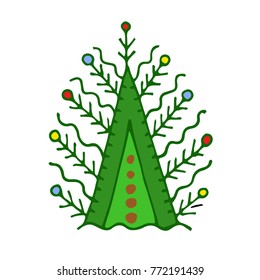 Vector colored illustration of christmas tree or any spruce in doodle style. It may be fir tree and pine tree. Simple and beaurttiful. Drawn by pen and then carefully digitized