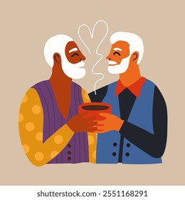 Ilustración de color Vector con un par de hombres retirados se abrazan, mantienen la taza de café juntos y sonriendo. Arte conceptual de Asistencia, tarjeta de felicitación, relación feliz y cartel de amistad 