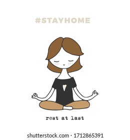 Vector colored illustration. Covid-19 quarantine concept. A girl doing yoga at home. Stay home during the coronavirus pandemic. Self-isolate to protect the family and society. Be positive and safe.