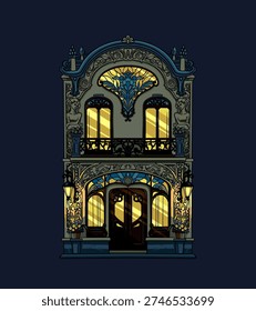 Vector colored illustration, drawing of a building at night, light from the windows, lanterns, cute European house, Art Nouveau architecture, cartoon style, stained glass