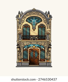 Vector colored illustration, drawing of a sunlit building, cute European house, Art Nouveau architecture, cartoon style, stained glass