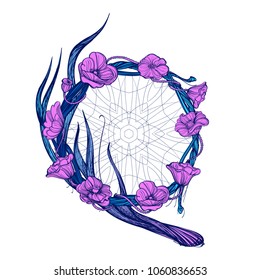Vector colored illustration with dream catcher and flowers isolated on white background