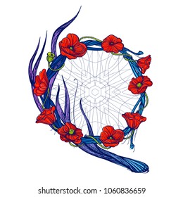 Vector colored illustration with dream catcher and flowers isolated on white background