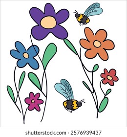 Vector colored illustration: flowers and bumblebee vector concept