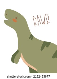 Vector colored illustration with funny dinosaur. Kids print with cute t-rex. Scandinavian style wall art for nursery room. Children's print, poster, greeting card. Adorable baby tyrannosaurus