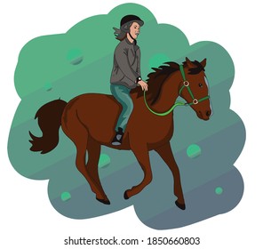 Ilustración de color vectorial: una chica con su caballo árabe salvaje, cabalgando sin la montura