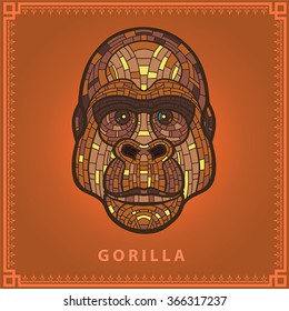 Vector colored illustration gorilla on a dark background with an inscription and ornament
